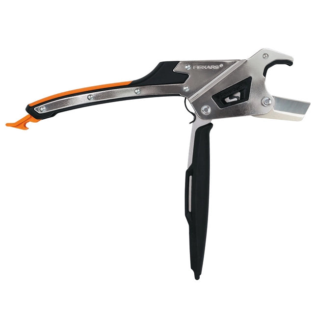 Pipe cutter fully open with visible stainless steel blade and gear drive
