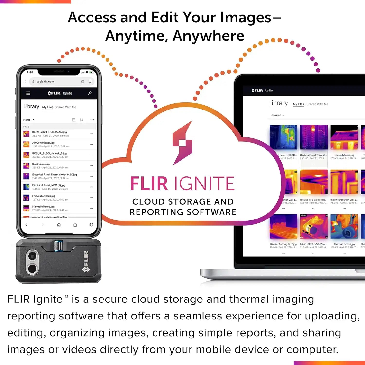 FLIR Ignite cloud storage and reporting software shown on smartphone and laptop with thermal image library

