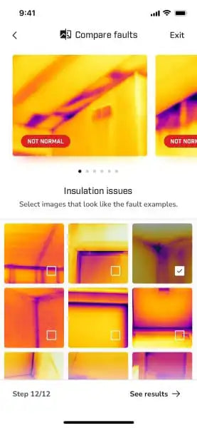 FLIR ONE app screen showing thermal image comparisons for identifying insulation issues during home inspections

