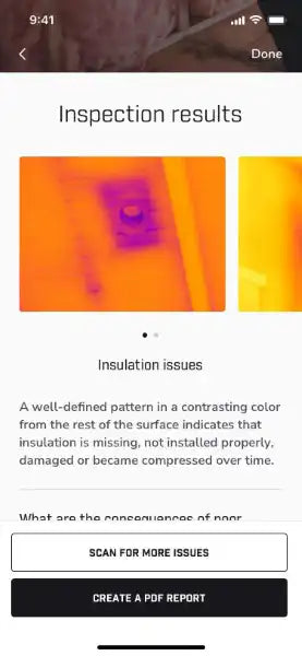 FLIR ONE app displaying thermal inspection results identifying insulation issues with PDF report option
