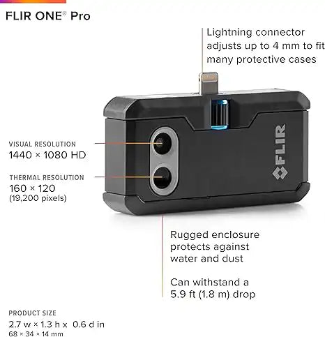 flir one pro for ios showing resolution specs rugged design and lightning connector
