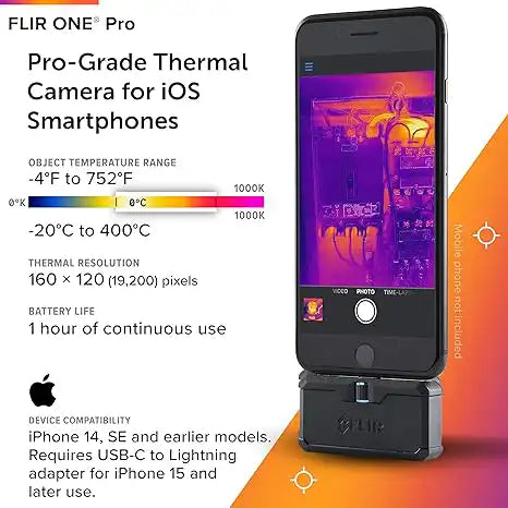 FLIR ONE Pro thermal camera for iOS displaying temperature range, resolution, and smartphone