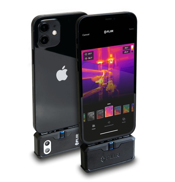 FLIR ONE Pro iOS thermal camera showing heat signature analysis on connected iPhone screen
