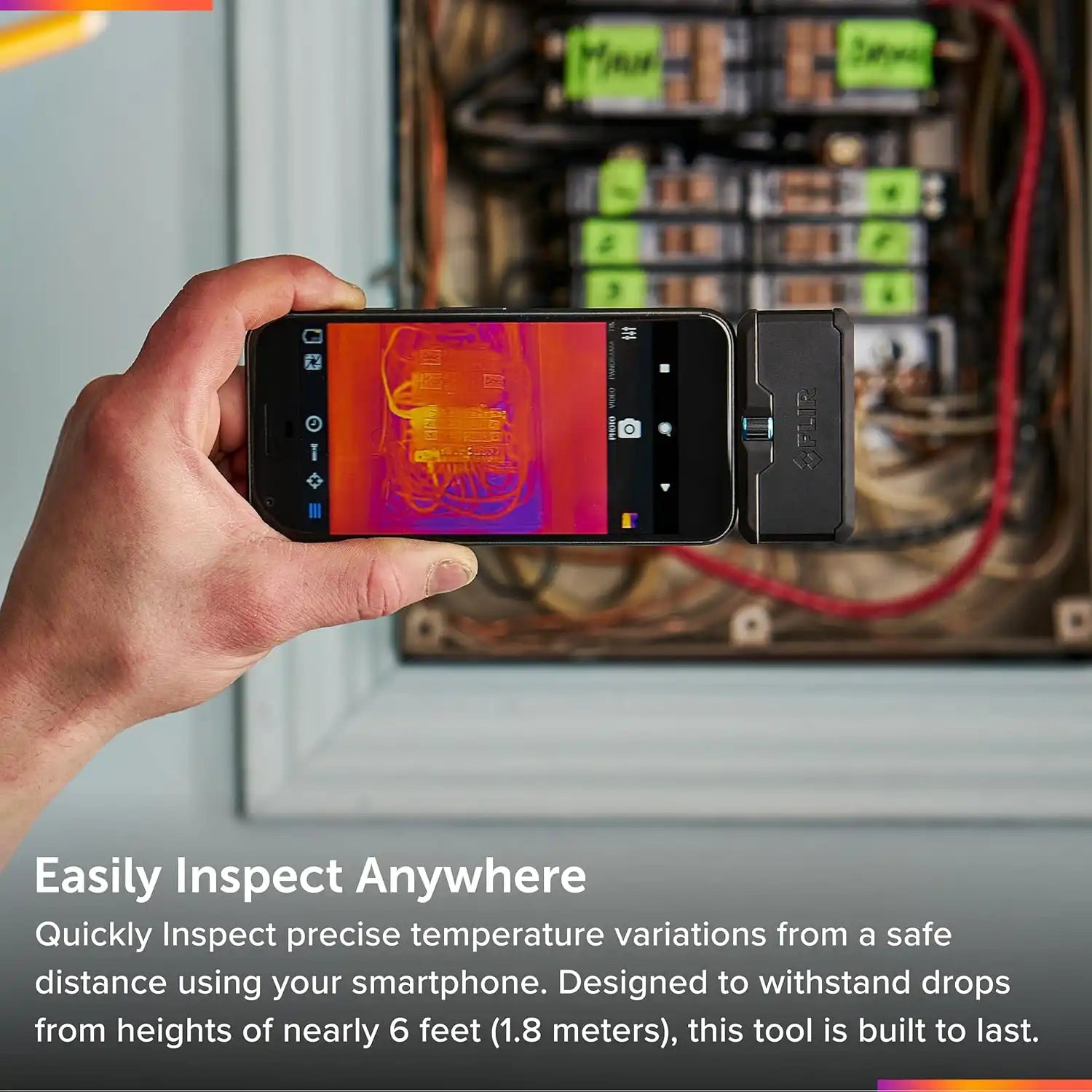 Thermal inspection of an electrical panel using FLIR One Pro iOS camera attached to a smartphone
