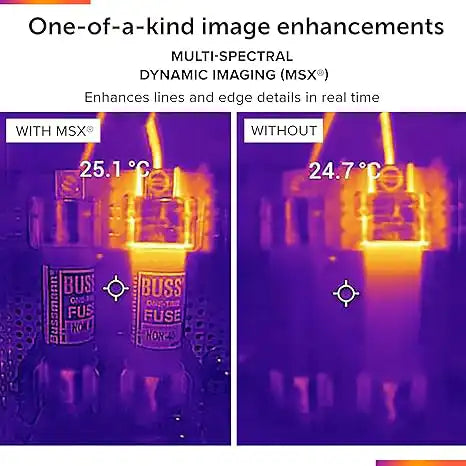 Thermal image comparison showing FLIR MSX enhancement versus standard thermal imaging for electrical fuse clarity
