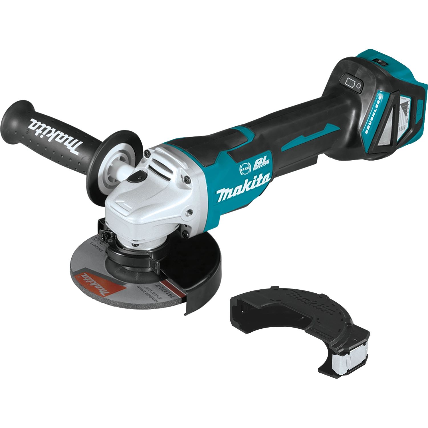 makita 18v lxt 5 inch grinder full front view with grinding wheel and guard attached
