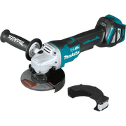makita 18v lxt 5 inch grinder full front view with grinding wheel and guard attached
