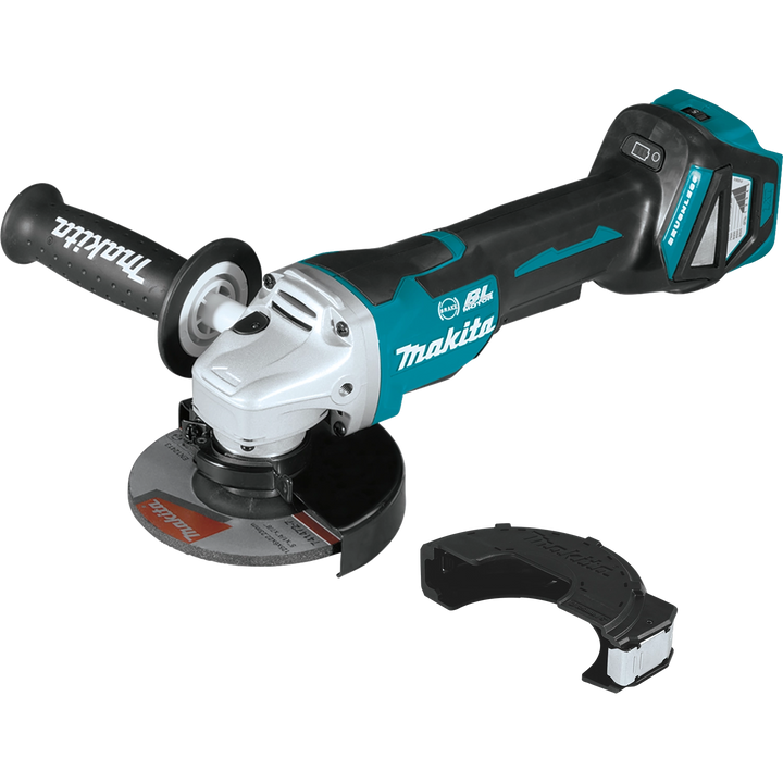 makita 18v lxt 5 inch grinder full front view with grinding wheel and guard attached
