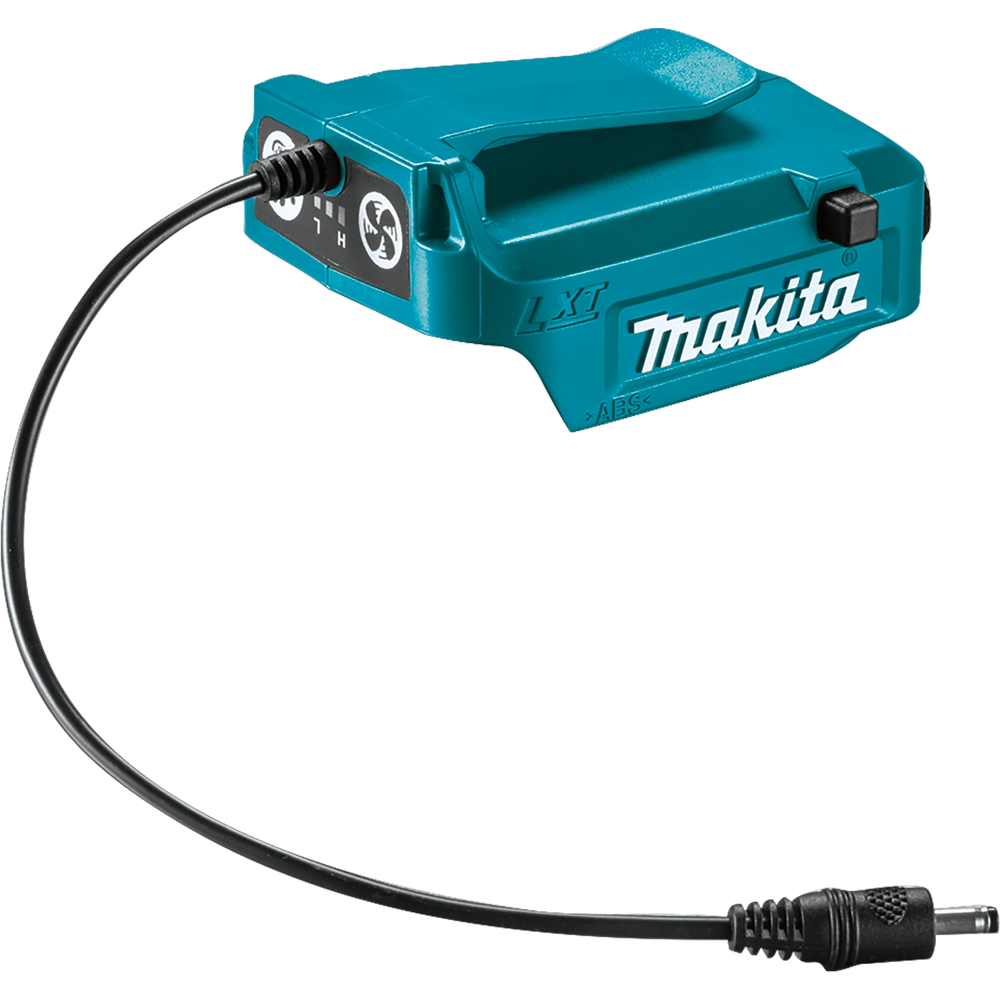 front view of makita 18v lxt power source showing compact design and usb connection
