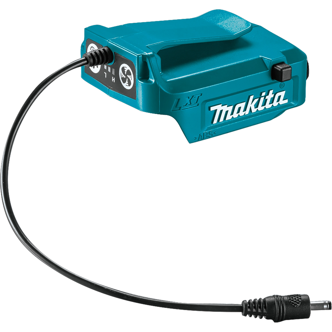 front view of makita 18v lxt power source showing compact design and usb connection

