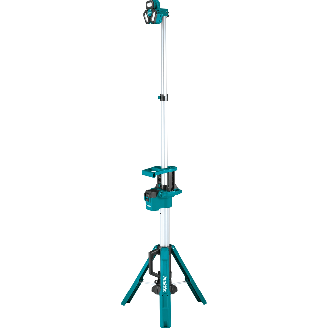 front view of makita 18v lxt tower work light fully extended with all three heads visible

