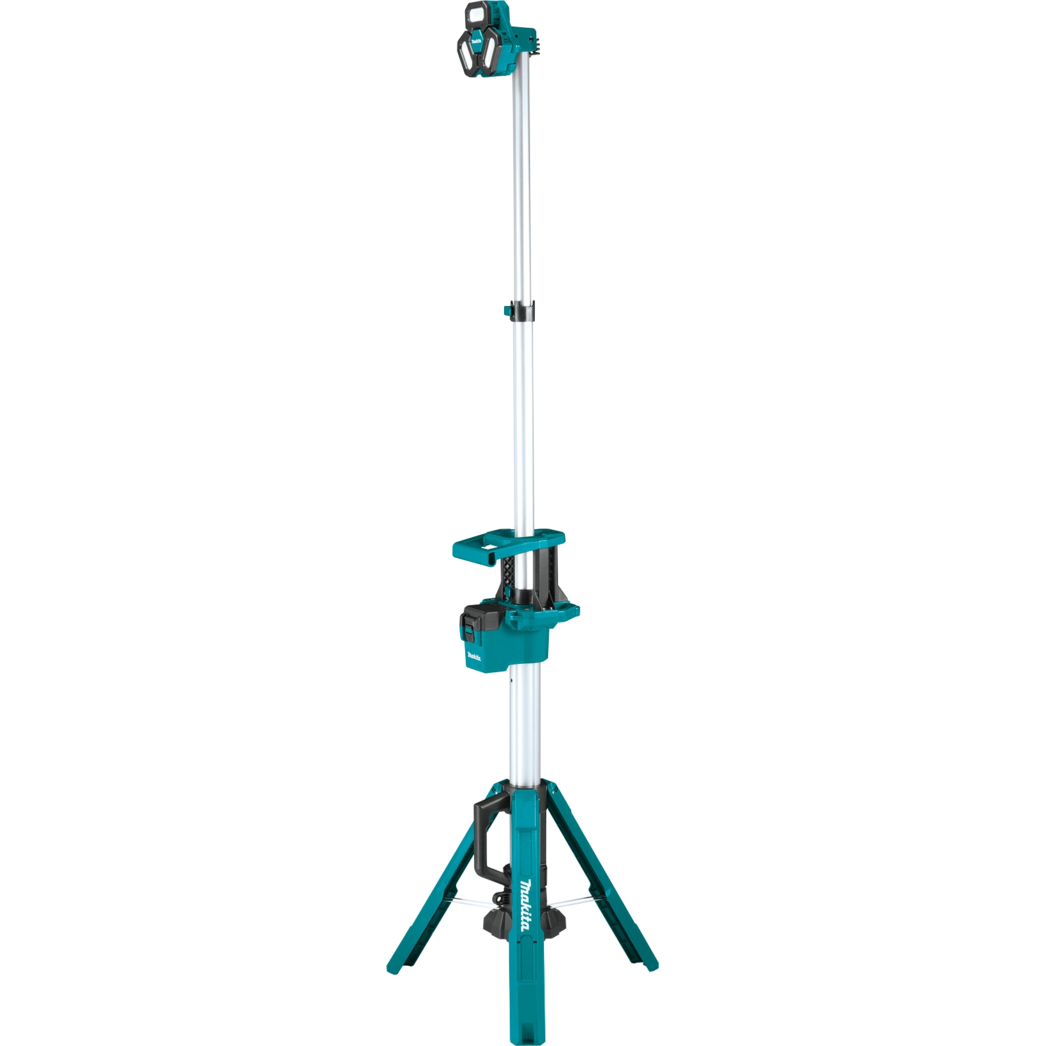 front view of makita 18v lxt tower work light fully extended with all three heads visible
