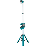 front view of makita 18v lxt tower work light fully extended with all three heads visible
