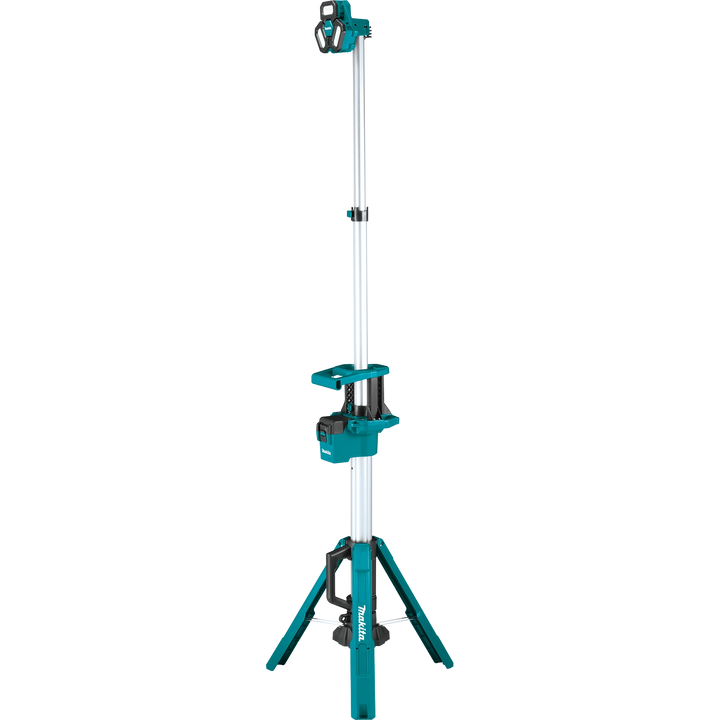 front view of makita 18v lxt tower work light fully extended with all three heads visible
