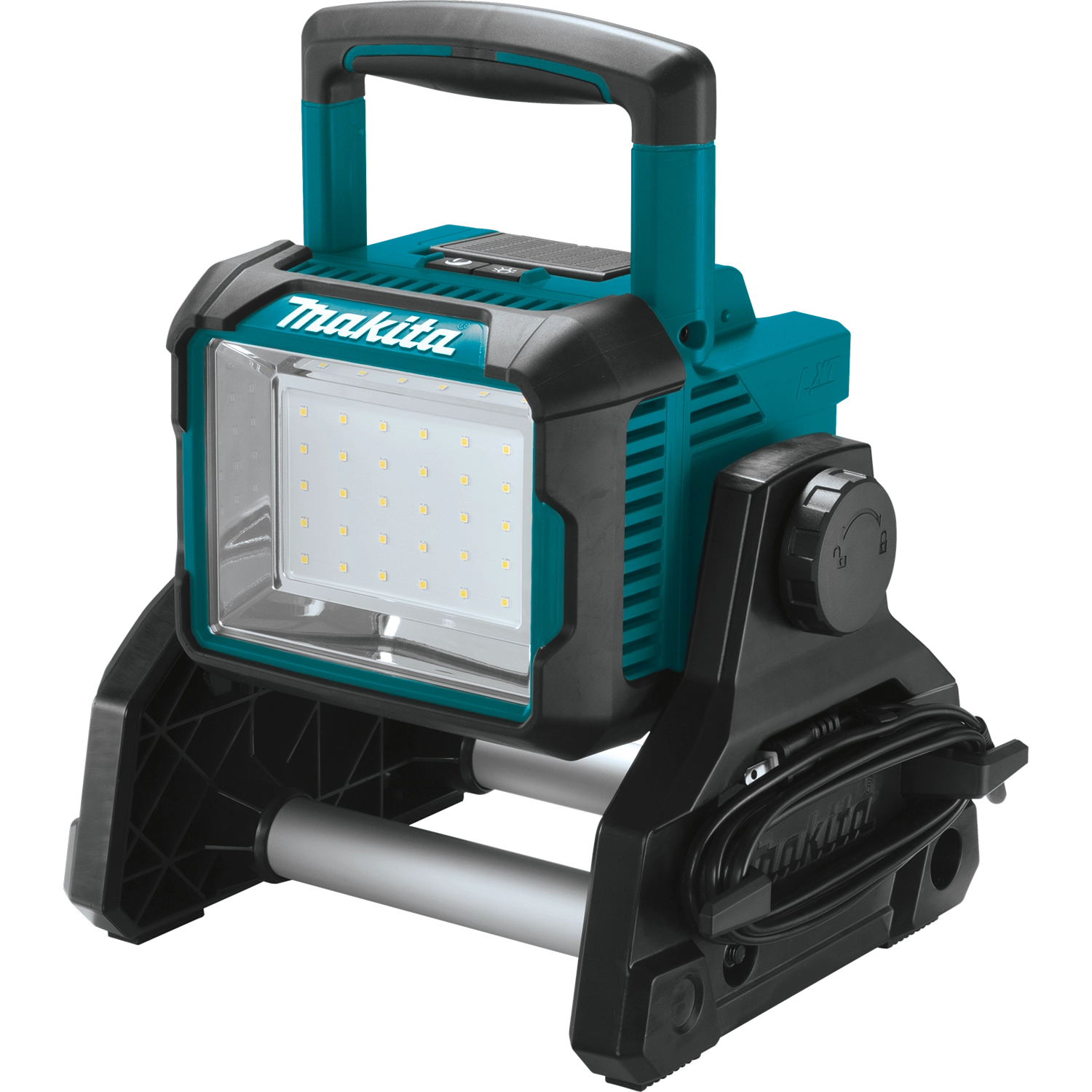 front view of makita dml811 led work light showing led panel and adjustable head
