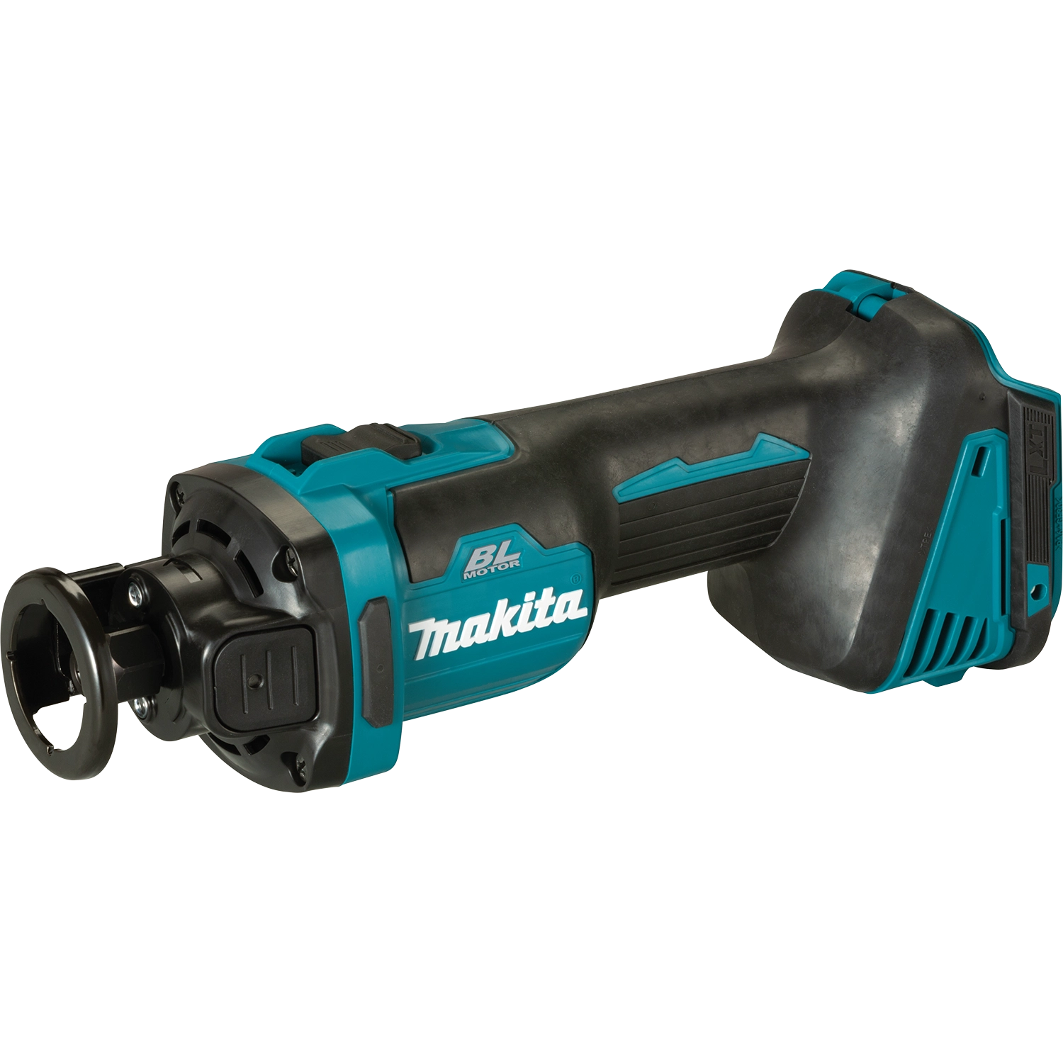 front view of makita xoc02z cut-out tool showing ergonomic grip and collet assembly
