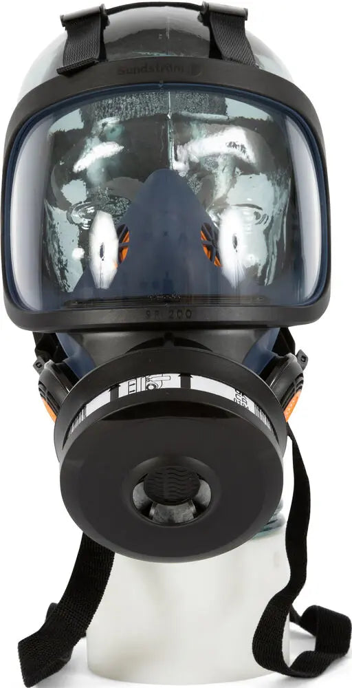 Front view of Sundstrom SR 200 respirator with full head strap system visible
