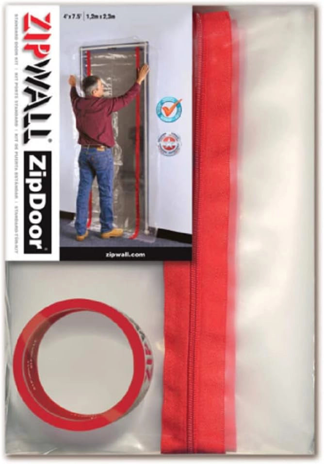 Front view of ZipWall ZipDoor ZDS kit with plastic door panel and included tape

