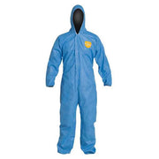 Front view of ViroGuard blue coveralls with hood, boots, and zipper storm flap
