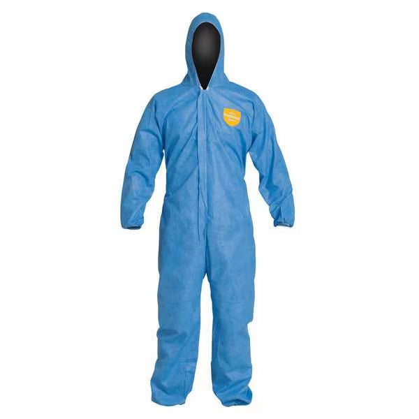 Front view of ViroGuard blue coveralls with hood, boots, and zipper storm flap
