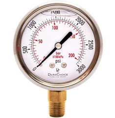 DuraChoice Oil Filled Pressue Gauge 2-1/2" Dial, 1/4" NPT, 0-3000