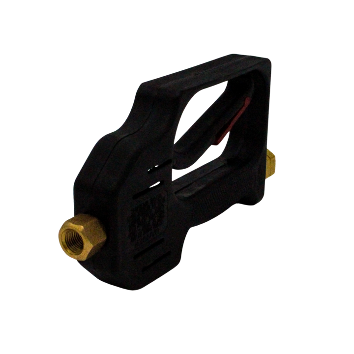 back view upside down showing trigger curve and hose connection port
