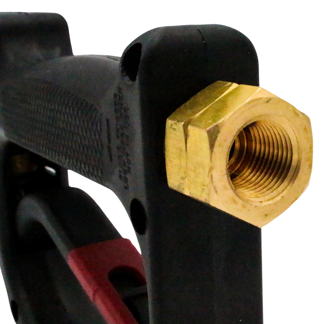 close-up of inlet port for hose connection on rear of spray gun
