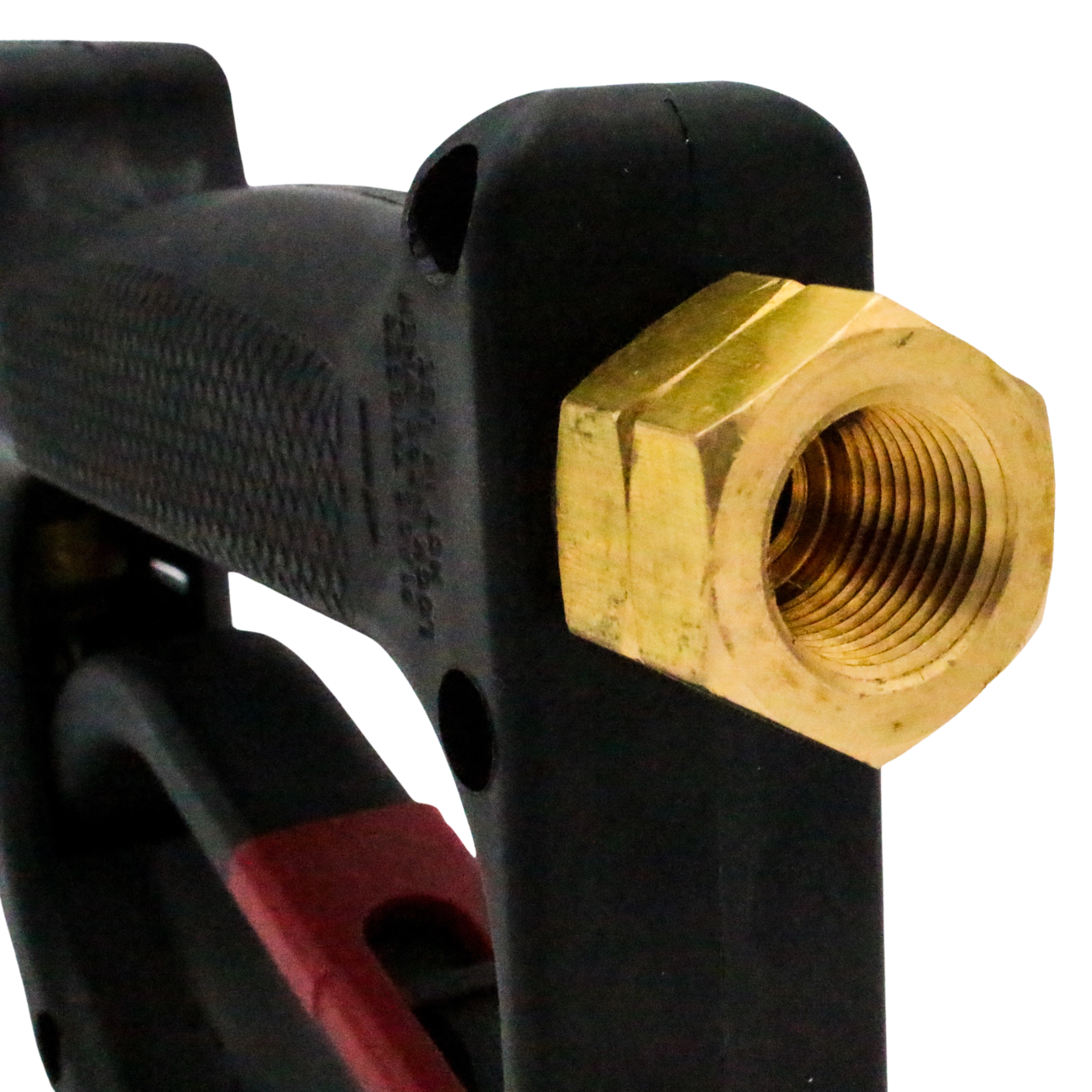close-up of inlet port for hose connection on rear of spray gun
