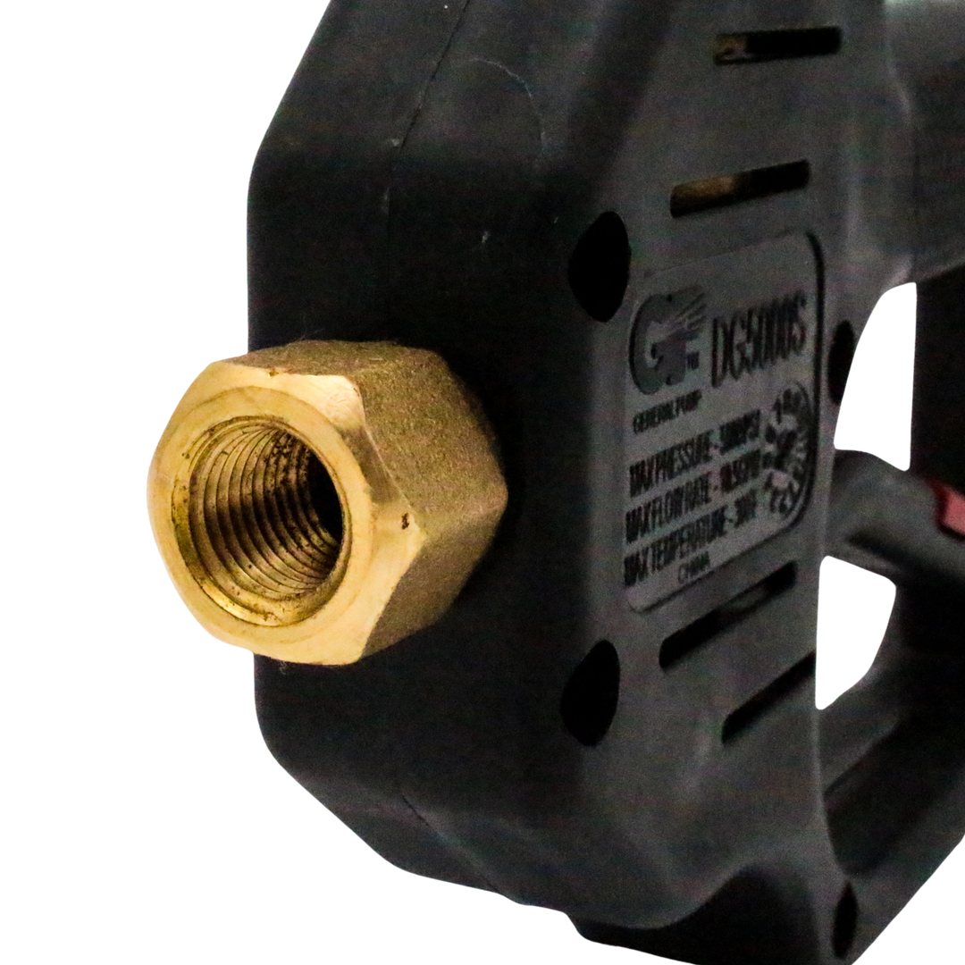 close-up of stainless steel nozzle on general pump rear inlet spray gun
