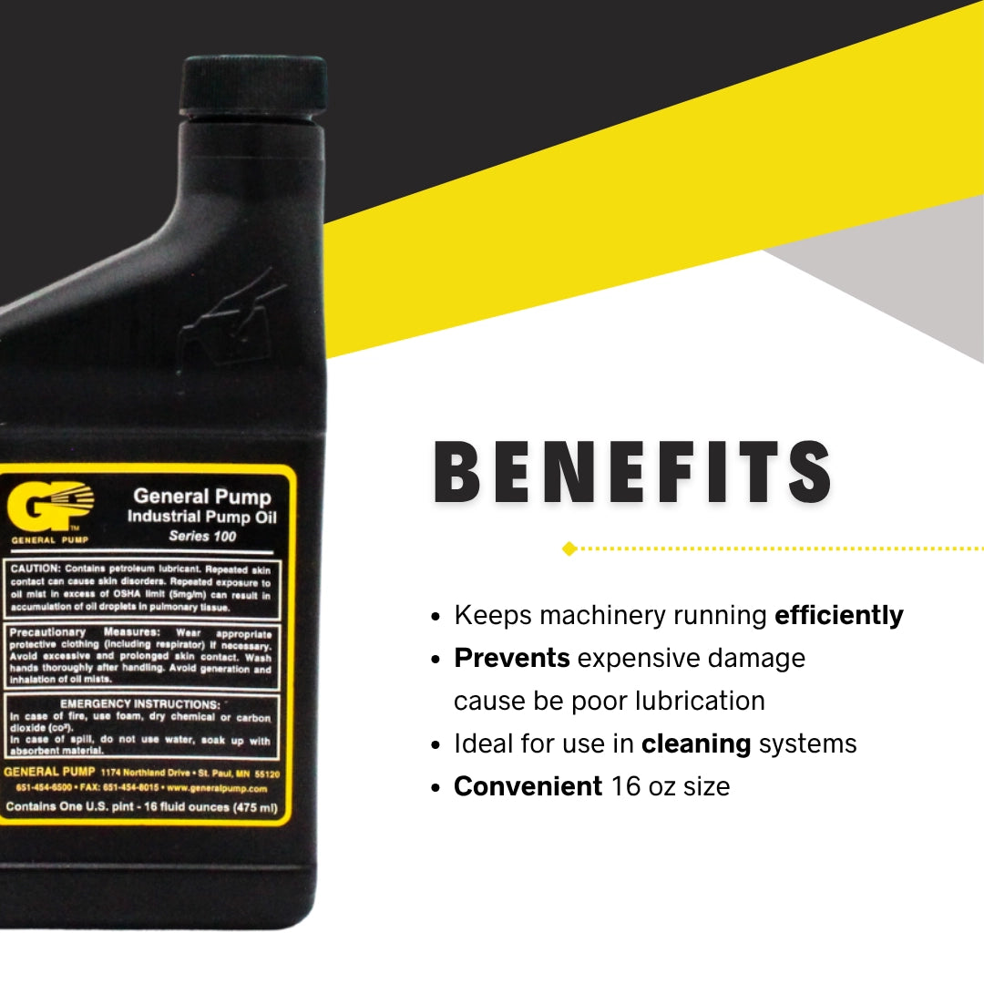 Benefits of General Pump Series 100 oil listed on side of bottle
