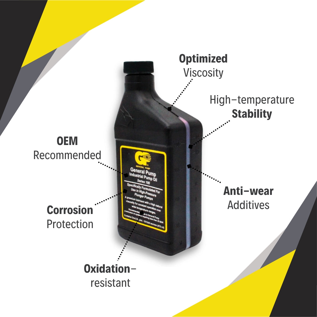 Features of General Pump Series 100 industrial pump oil bottle including front label and cap
