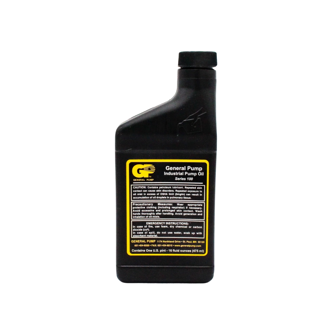 Front view of General Pump Series 100 industrial pump oil bottle with label clearly visible
