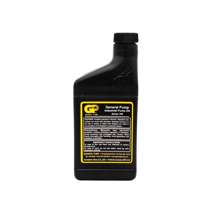 Front view of General Pump Series 100 industrial pump oil bottle with label clearly visible
