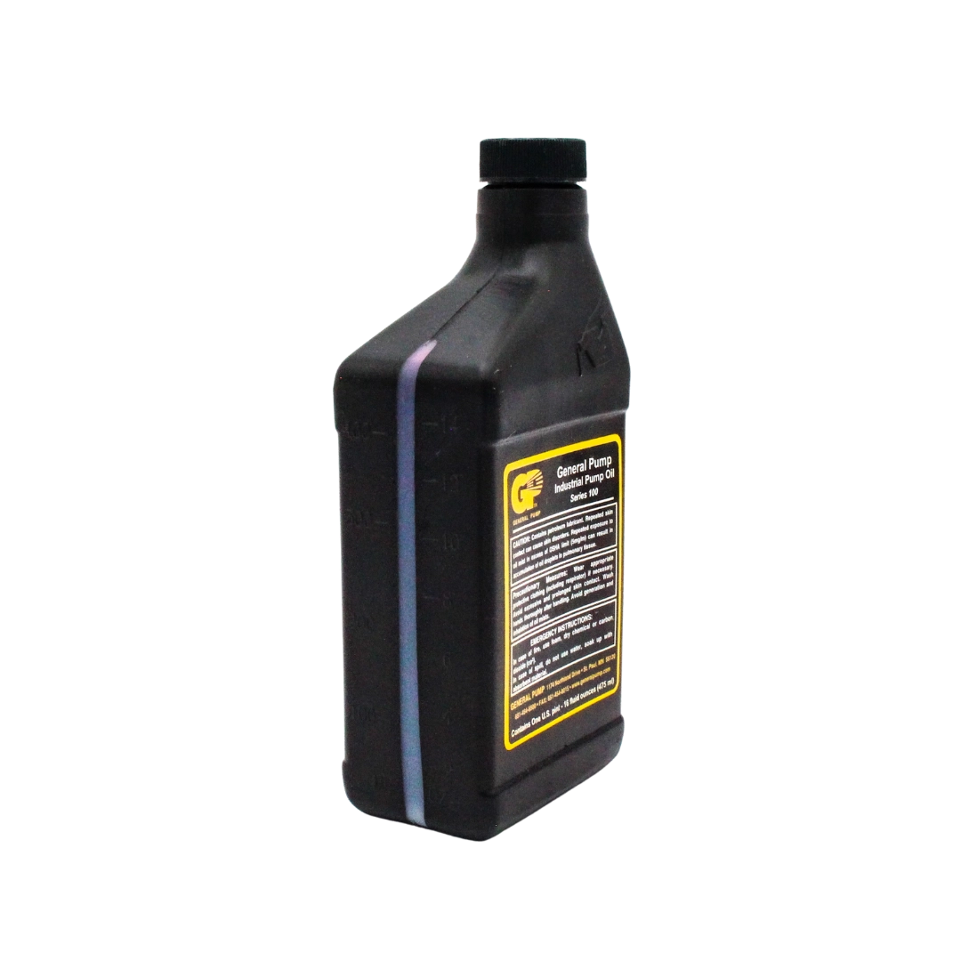 Left angle view of General Pump Series 100 oil bottle displaying side curve and front label
