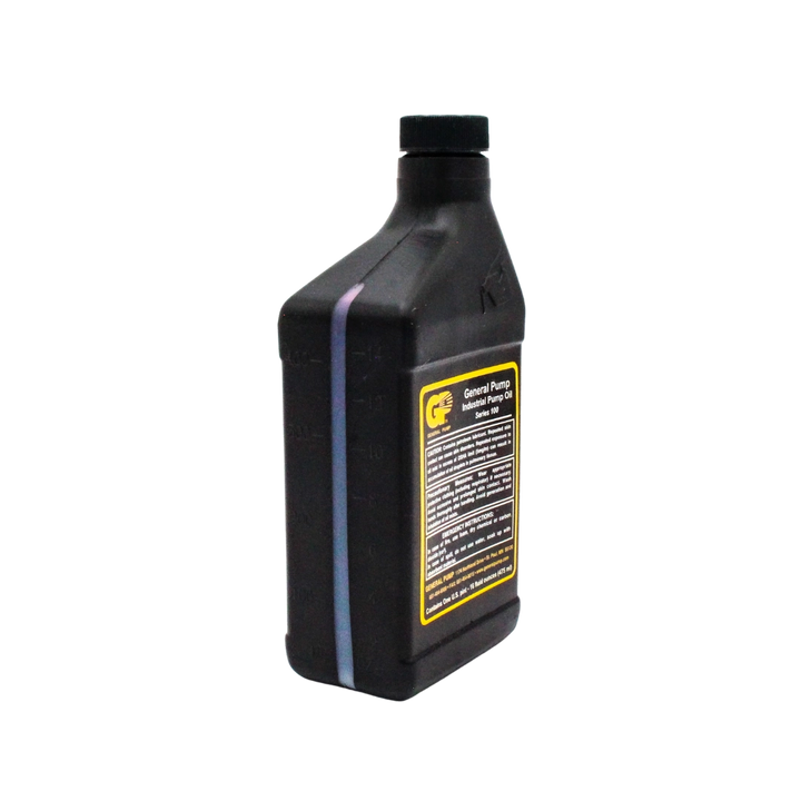 Left angle view of General Pump Series 100 oil bottle displaying side curve and front label

