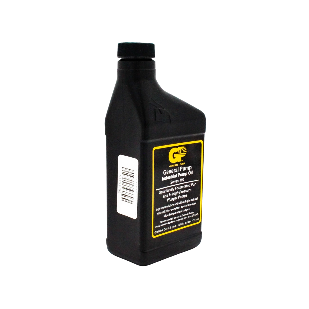 Left back angle view of General Pump Series 100 oil bottle showing rear and side profile
