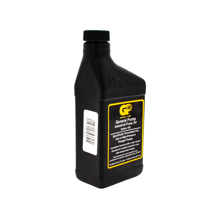 Left back angle view of General Pump Series 100 oil bottle showing rear and side profile
