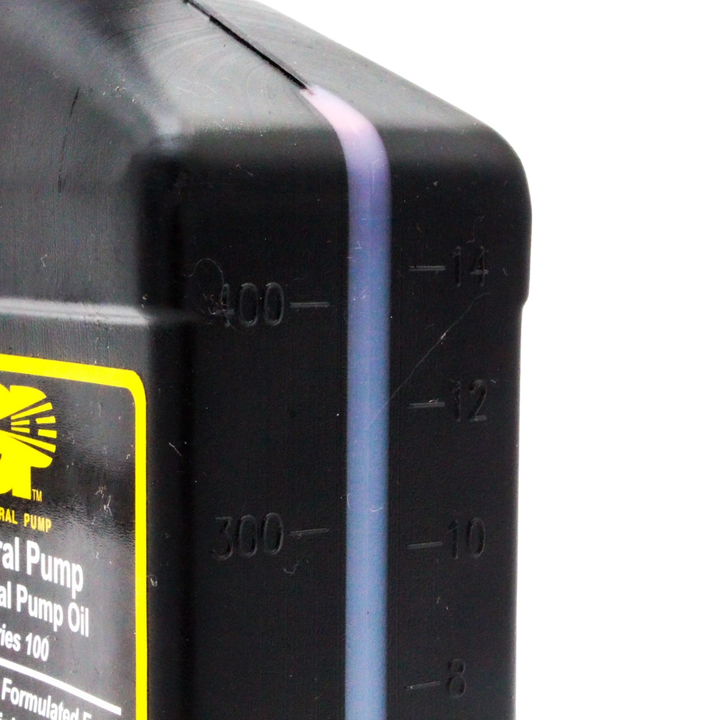 Up close view of measurement markings on side of General Pump Series 100 oil bottle
