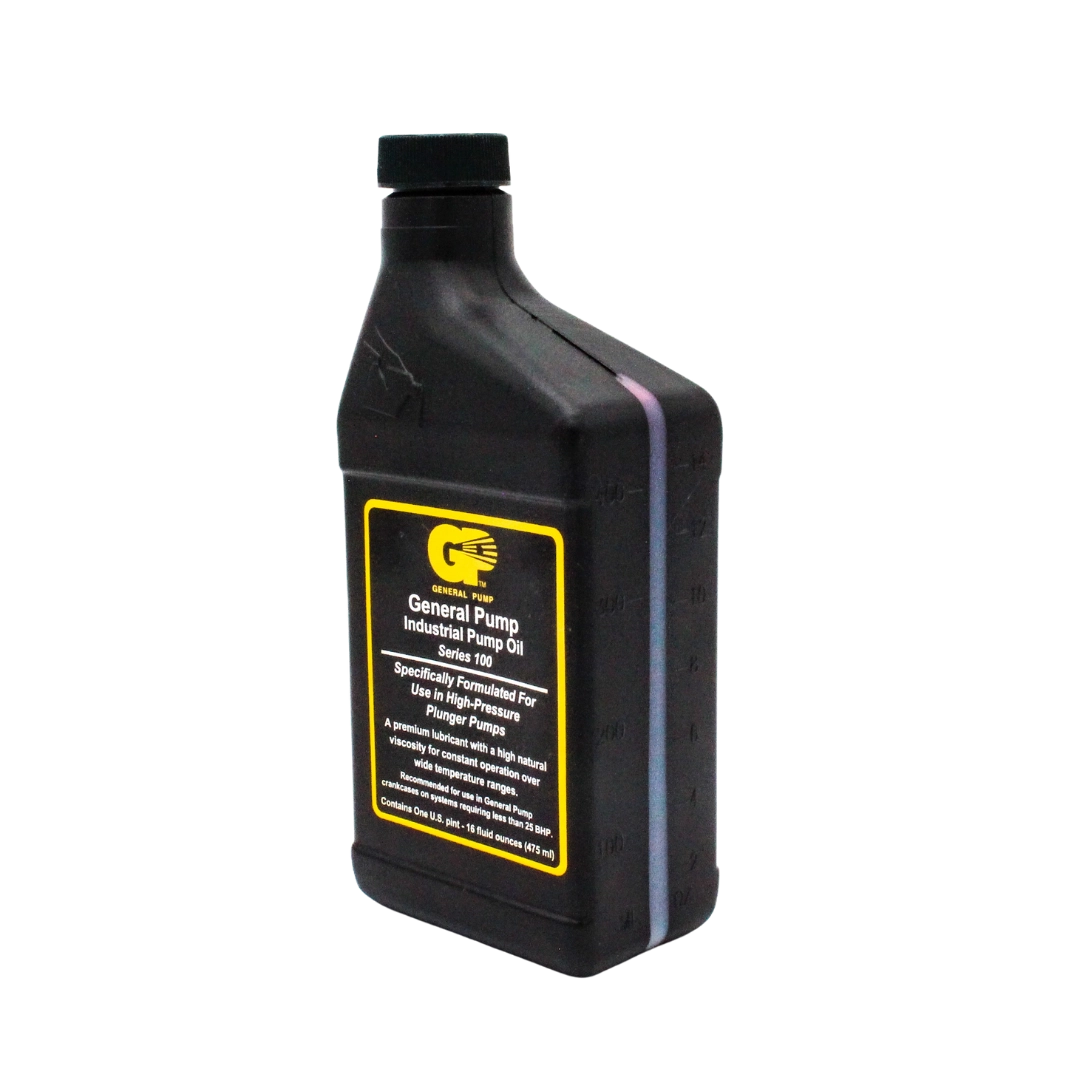 Right angle view of General Pump Series 100 pump oil bottle showing side panel and cap
