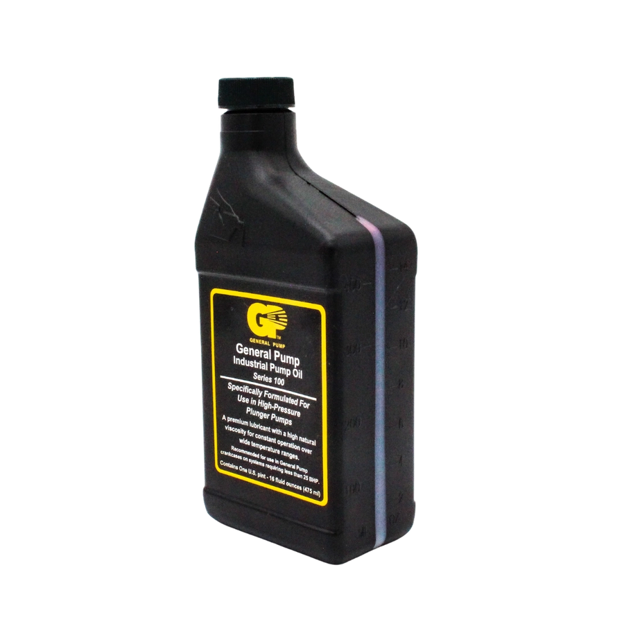 Right angle view of General Pump Series 100 pump oil bottle showing side panel and cap
