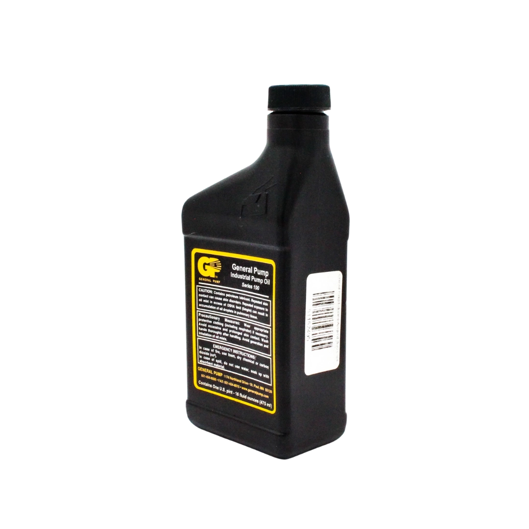 Back right angle of General Pump Series 100 pump oil bottle highlighting rear label and bottle shape
