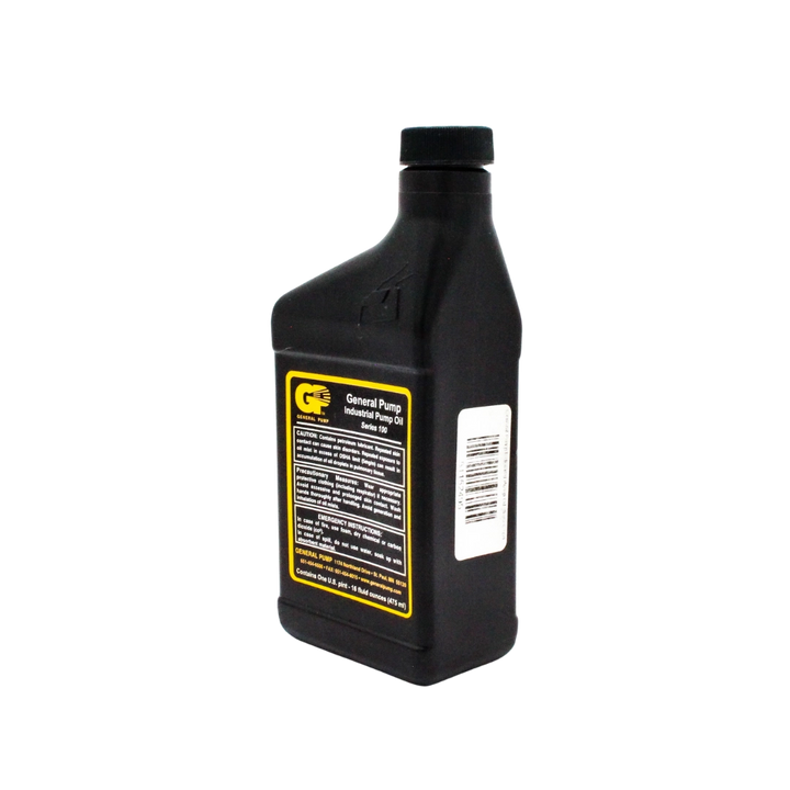 Back right angle of General Pump Series 100 pump oil bottle highlighting rear label and bottle shape
