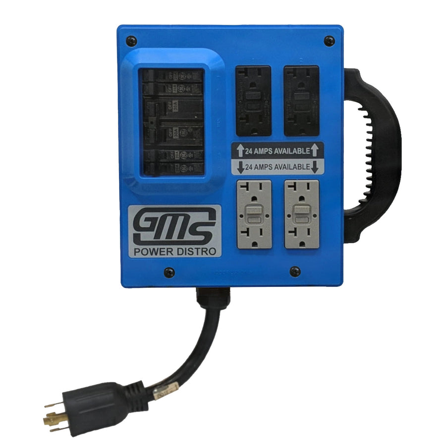 Front view of GMS Power Distribution Kit showing outlets and housing

