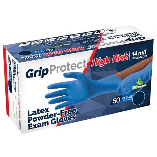 GripProtect Latex Gloves retail box showing product details and quantity
