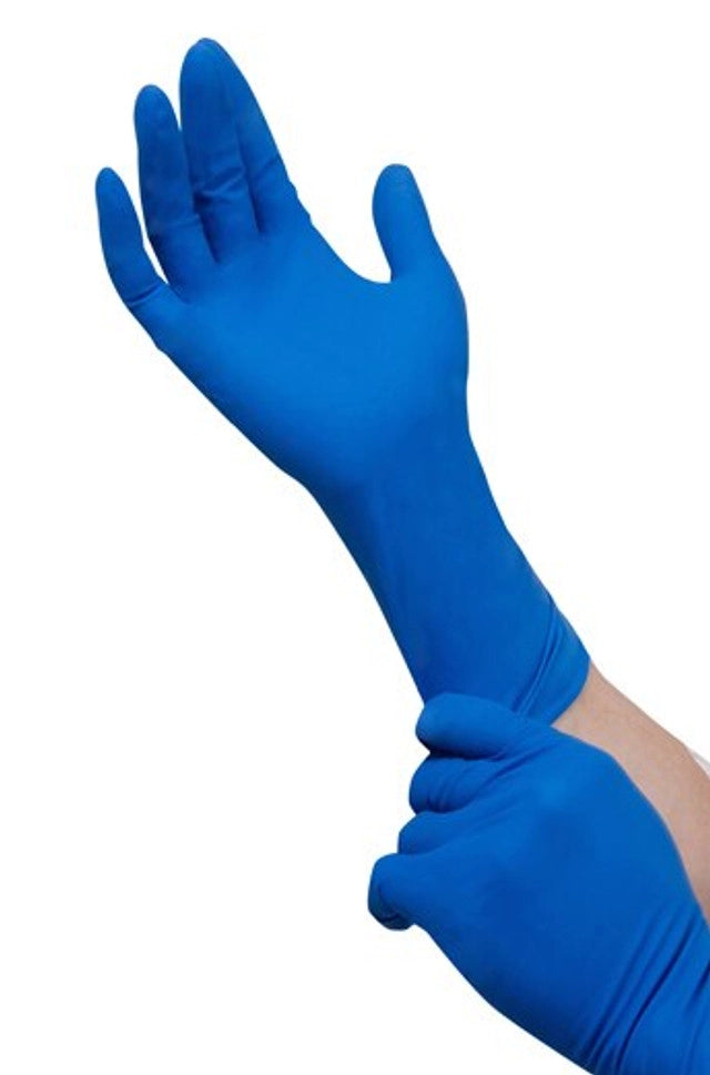 Close-up of GripProtect Latex Gloves on hands demonstrating grip and fit
