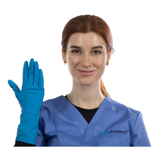 Model wearing GripProtect Latex Gloves in ready position for industrial or medical use
