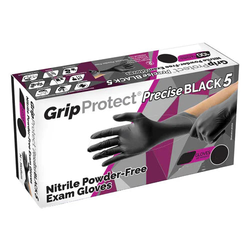 GripProtect black nitrile gloves box displayed with size and quantity details
