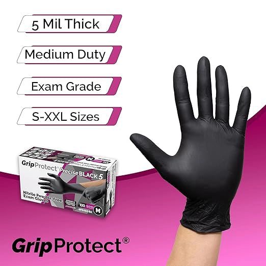 Feature highlights of GripProtect nitrile gloves including textured grip and 5 mil thickness

