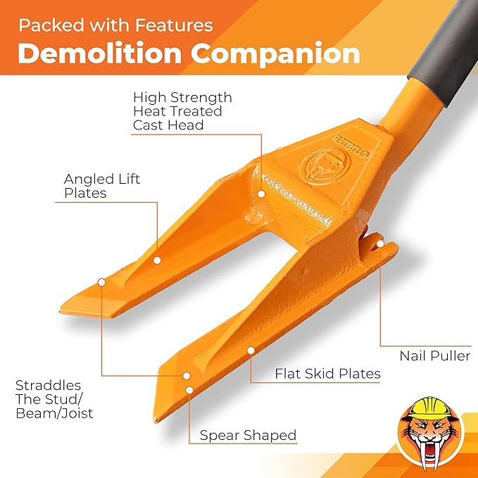 Close-up of demolition bar head showing prying tips and integrated nail puller
