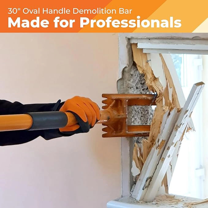 Worker using Gutster 30 inch demolition bar to pry up flooring during renovation
